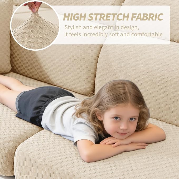 YEMYHOM Couch Cushion Covers for Sofa, Stretch Sectional Couch Seat Cushion Covers Washable Thick Furniture Protector Sofa Slipcovers for Pets (2 Seater + 1 Chaise, Beige) - Image 3