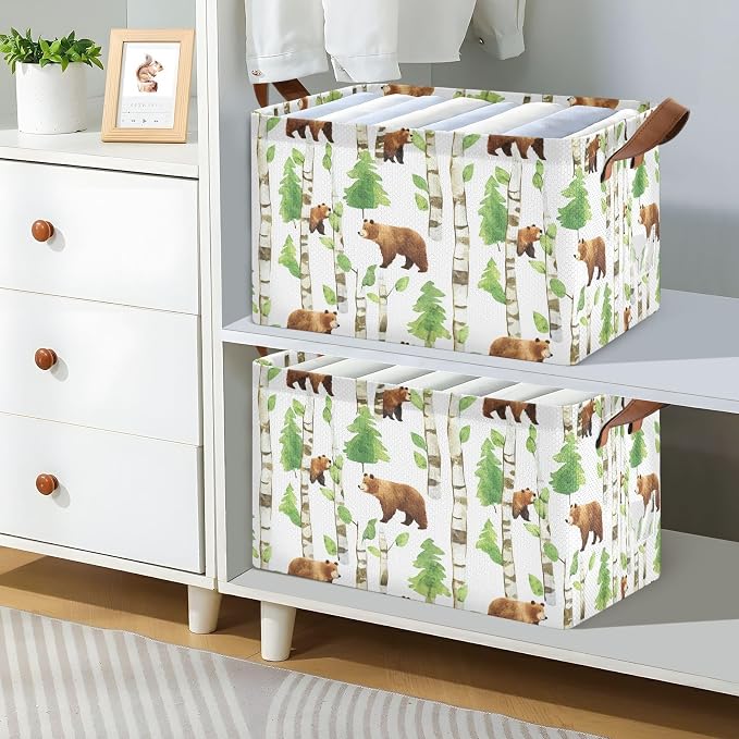 Watercolor Woodland Bear Forest Animal Baby Storage Basket with Labels&Handles Waterproof Nursery Storage Bins Collapsible Shelf Organizer Baskets for Kids Books Cloth Gift Toys Laundry, 2 Pack - Image 2