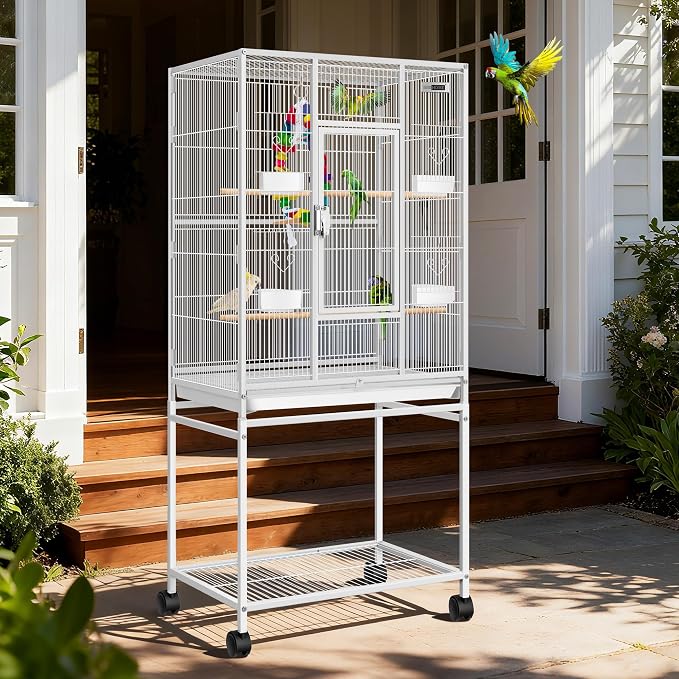 VIVOHOME 54 Inch Wrought Iron Large Bird Cage with Rolling Stand | Bird Flight Cage with Stand, Casters, Slide-out Tray for Parakeets Canaries Parrot Cockatiels Lovebirds Conures, Whtie - Image 8