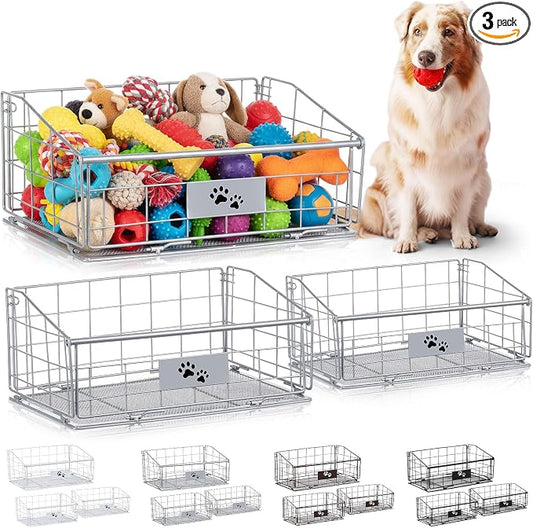 Mimorou 3 Pack Metal Dog Toy Baskets Multi-sized Foldable Dog Toy Bins Box Storage Container Organizer for Living Room Area Decorative Pet Accessories Coat Clothing Storage Holder Baskets(Silver) by Mimorou