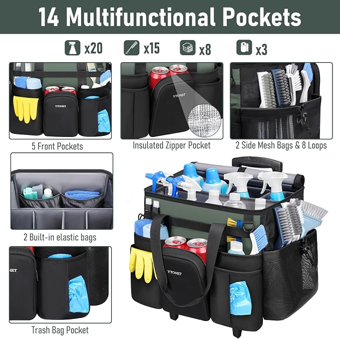 Ytonet XXL Cleaning Caddy with Wheels, Large Rolling Cleaning Caddy Bag with Detachable Trolley for Housekeepers, Water Resistant Cleaner Supplies Organizer with Wheels for Kitchen, Tool Organizer - Image 8