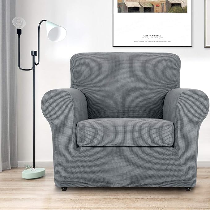 MAXIJIN 2 Piece Chair Slipcovers with Arms Super Stretch Chair Covers for Living Room Dogs Pet Proof Fitted Sofa Couch Protector Spandex Non Slip Armchair Slipcover Washable (Chair, Light Gray) - Image 2