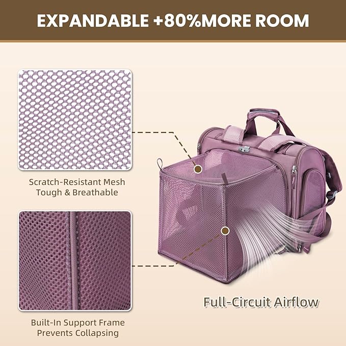 Lollimeow Expandable Cat Carrier Backpack for Large Cats - Airline Approved Pet Carrier Backpack for Small Dogs, Hiking & Travel, Waterproof with Breathable Mesh, 14lbs Capacity (Plum, Standard)