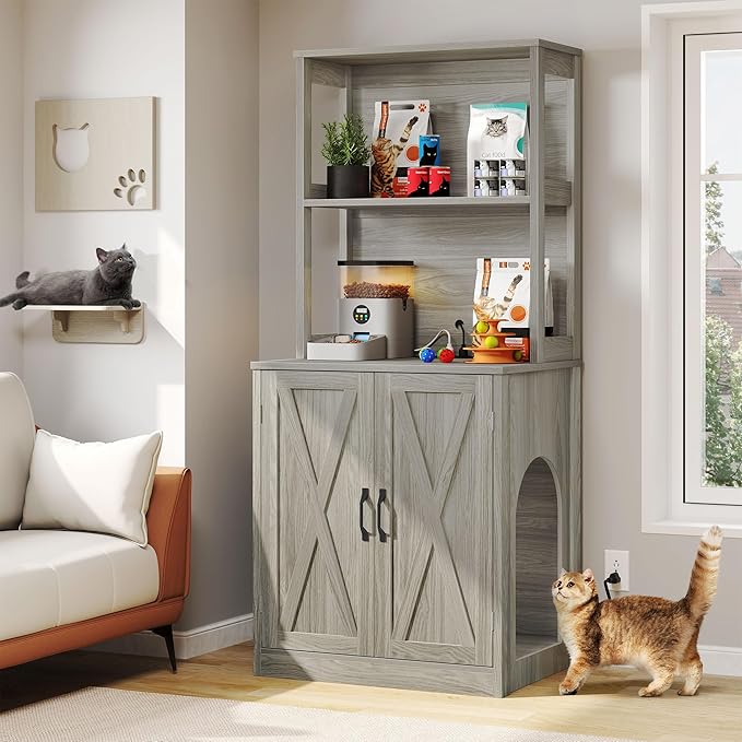DWVO Large Hidden Litter Box Furniture with Shelves and Charging Station | Wooden Enclosure for Self-Cleaning Litter Boxes, Grey - Image 2