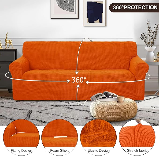 U-NICE HOME Stretch Couch Cover Slipcover for 3 Cushion Sofa, Orange | 1-Piece Sofa cover, Washable, Pet friendly, Furniture protector, Polyester Spandex Jacquard fabric - Image 3