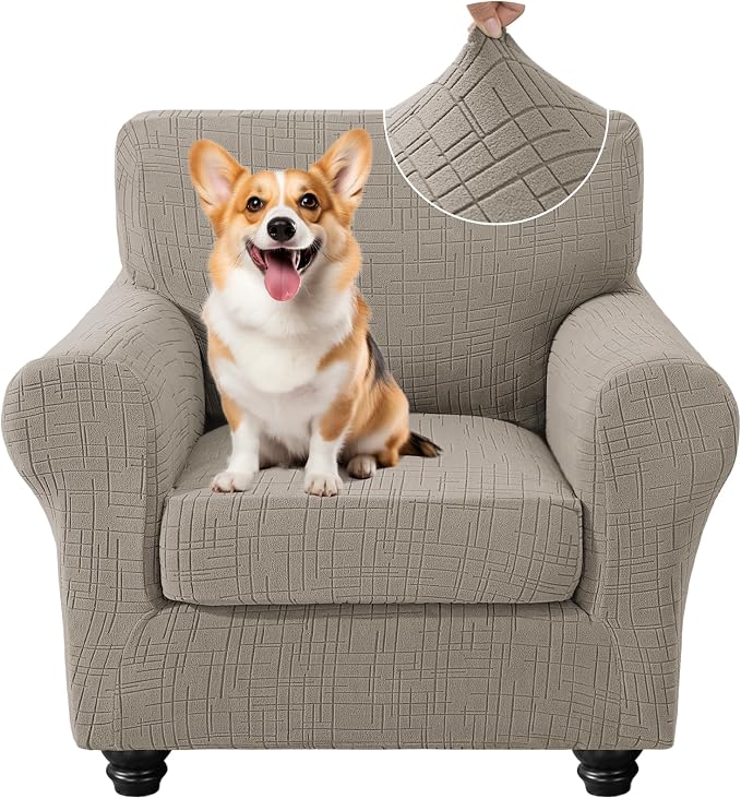 CYCMCAO Stretch 2 Piece Armchair Covers, Non Slip Chair Covers Armchair, Sofa Covers for Pets Washable with Elastic Bottom, Couch Slipcover for Kids, Dogs (Khaki), 31"-46" (1 Cushion) by CYCMACOHOME