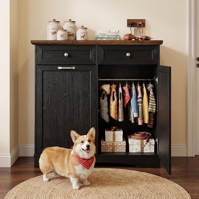39.7’’W Dog Feeding Station, Tilt-Out Dog Food Cabinet for Multi-Pets, Pet Feeder Station with 4 Feeding Bowls, Dog & Cat Storage Organizer with Hanging Rod, (Black, Dual Doors) - Image 7