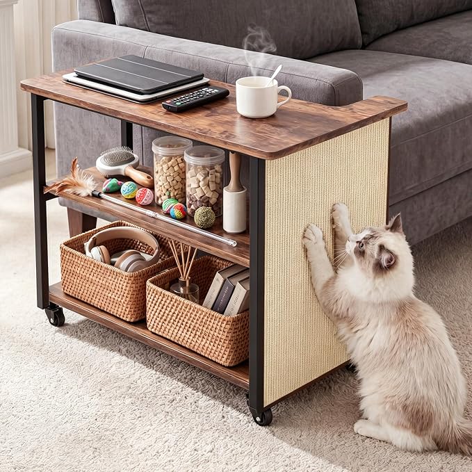 2-in-1 Cat Scratch Couch Side Table with Wheels,Couch Protector from Cat Claws,Sofa Narrow End Table with Natural Sisal Cat Scratch Panel for Living Room (Rustic Brown, Left) - Image 2