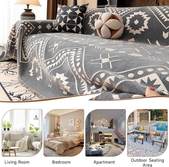 VClife Bohemian Aztec Couch Cover Sectional Sofa Slipcover Washable Chenille Couch Cover for 3 Cushion Couch Sofa - Gray White Tribal Geometric Pattern Furniture Protector with Tassel Edge 71" X 134" - Image 6