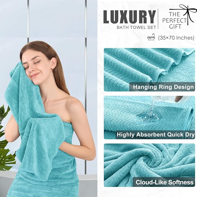8 Piece Bath Towel Set |2 Oversized Large Bath Sheet,2 Hand Towels,4 Washcloths| Ultra Soft Cozy Bath Towel Set for Bathroom Hotel Gym Spa,Highly Absorbent & Quick Dry Bathroom Towel Collections,Teal - Image 3