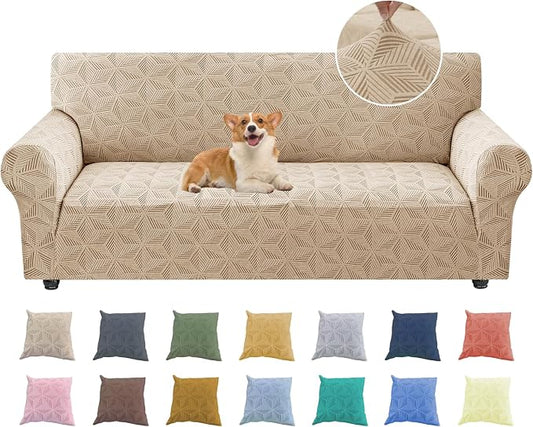 YEMYHOM 1 Piece Stretch Couch Covers for 3 Cushion Couch, Jacquard Sofa Cover with Non-Slip Elastic Bottom, Thickened Slipcover Furniture Protector for Dogs Pets (Large, Khaki） by YEMYHOM