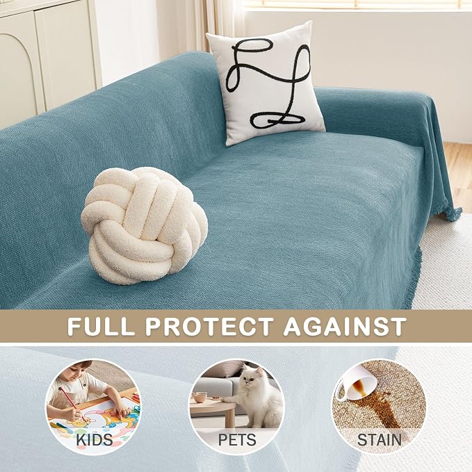 hyha Couch Cover for Dogs, Boho Chenille Sofa Cover for 3 Cushion Couch | Anti-Scratch Washable Sofa Slipcover, Loveseat Sectional Couch Throw Blankets with Tassels (Blue, 71x102 Inch) - Image 3