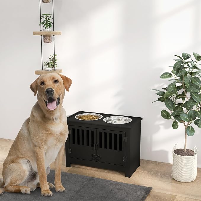 Large Elevated Dog Bowls with Storage Cabinet Containing Large 37L Capacity, Raised Bowl Stand Pet Food Bowl Dog Feeding Station, Black - Image 9