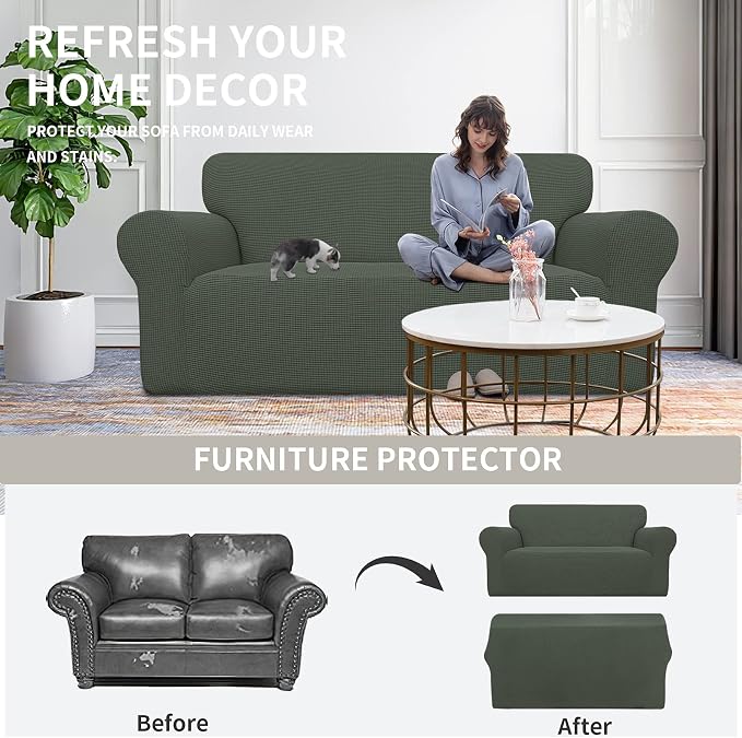 Easy-Going Stretch Oversized Loveseat Couch Covers Washable Olive Green | 1-Piece Large Loveseat Cover for 2 Cushion Couch Furniture Protector RV Sofa Slipcover Soft with Bottom for Kids Pets - Image 4