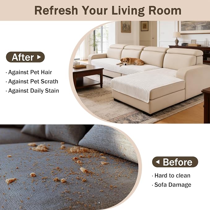 MEETSKY 100% Waterproof Couch Cover L Shape, 2 Pieces Sectional Couch Covers for Leather Sofa, Washable Sofa Cover for 3 Cushion Couch Sofa Pet Friendly, Off White, XXX-Large, 35"x70.9"+35"x82.7" - Image 7