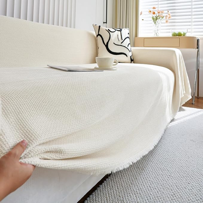 Beige Chenille Couch Cover for Dogs Kids Solid Sofa Cover with Tassels for Loveseat Chaise Lounge Armless Sofa Furniture Protector for Pet Scratching, Machine Washable 71''×118'' - Image 5