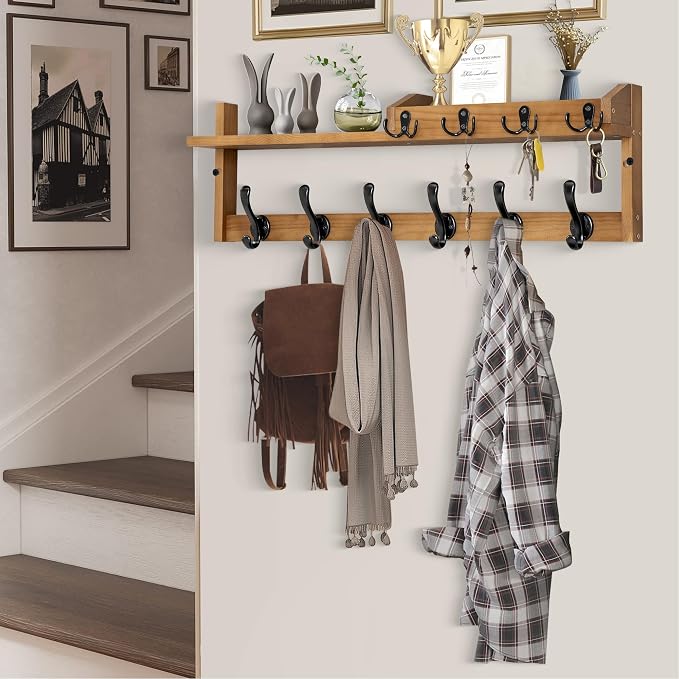 Coat Rack Wall Mount with Shelf, 27.5" Entryway Wall Hanging Shelf, Coat and Key Hanger with 10 Dual Hooks, Mail Organizer and Key Holder Hat Rack for Wall, Wood Coat Hooks with Storage - Image 7