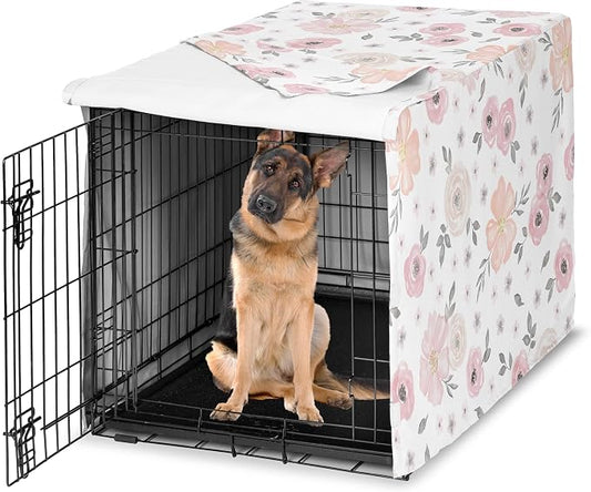 Sweet Jojo Designs 48in. Large Dog Crate Cover (Pink/Grey Boho Floral) for Girls Pet Cage, Kennel Covers (Watercolor, Flower, Elegant Rose, Bohemian, Shabby Chic, Farmhouse, Nature, Blush & Gray) by SweetJojoDesigns