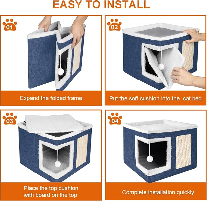 Loyareal Cat Houses for Indoor Cats - Large Cat Bed Cave with Scratch Pad and Fluffy Ball, Foldable Cat Condo Hideaway with Reversible Cushion for Multi Small Pet, Navy Blue - Image 6