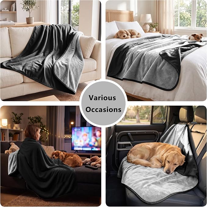 Waterproof Blanket for Dogs - Reversible Furniture Protector | TPU Leak-Proof Liner, Soft Velvet & Flannel Pet Throw, Machine Washable, For Couch and Bed, 68" x 82", Black/Lightgrey - Image 6