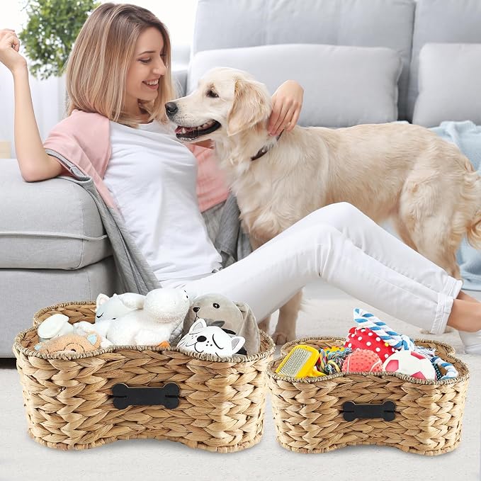 Set Of 2 Pet Dog Toy Basket-Dog Bone Basket-Wicker Basket for Pet Stuff-Dogs Toy Box for Living Room Area-Handmade Water Hyacinth Baskets with DIY Tag ﻿ - Image 7