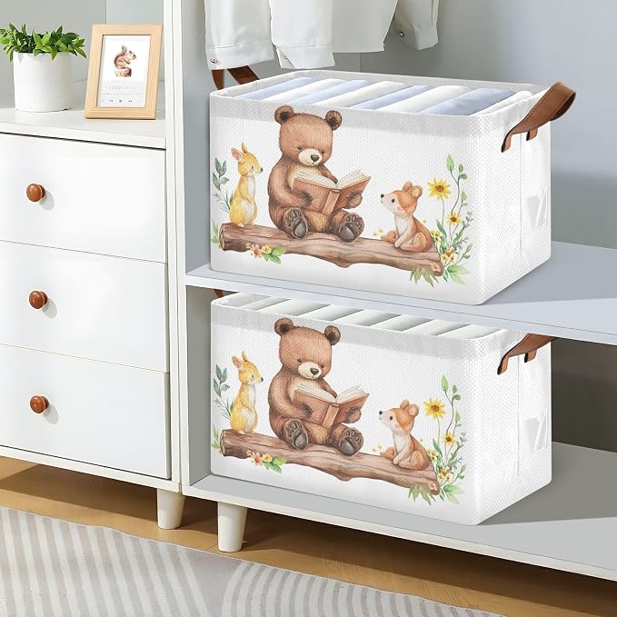 Cute Reading Bear Woodland Animal Storage Basket for Baby with Handles&Label Rectangular Waterproof Nursery Storage Bins Collapsible Organizer Baskets for Kids Cloth Gift Toys Laundry Shelf - Image 2