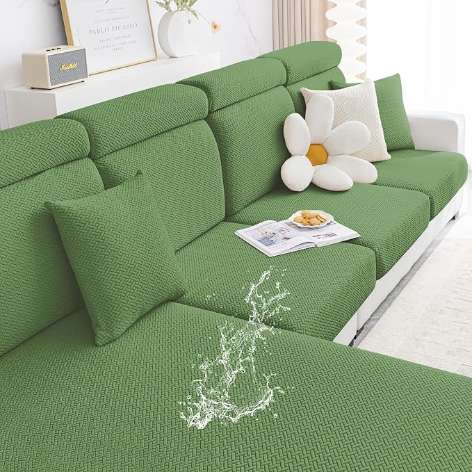 Smiry Waterproof Couch Cushion Covers, Non Slip Seat Cushion Covers | Stretch Jacquard Sectional Sofa Slipcover, Washable Elastic Furniture Protector for Pets, Kid, Medium, Grass Green by Smiry