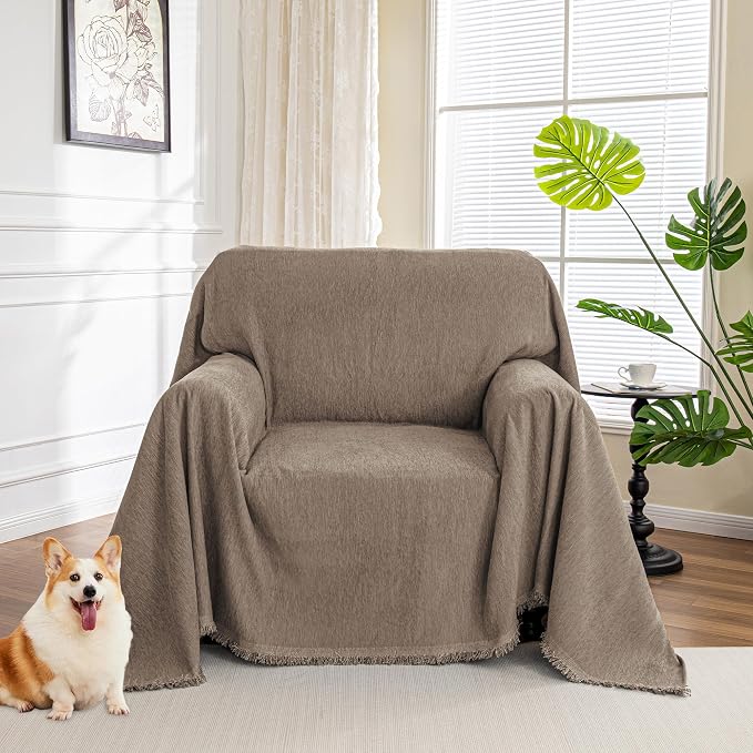 MYSKY HOME Chair Couch Cover Sectional Couch Covers for Pet Sofa Covers Non Slip Soft Couch Sofa Cover, Washable Furniture Protector Sofa Slipcover with Tassel Sofa Throws Living Room, 71"x91", Sand by MYSKYHOME