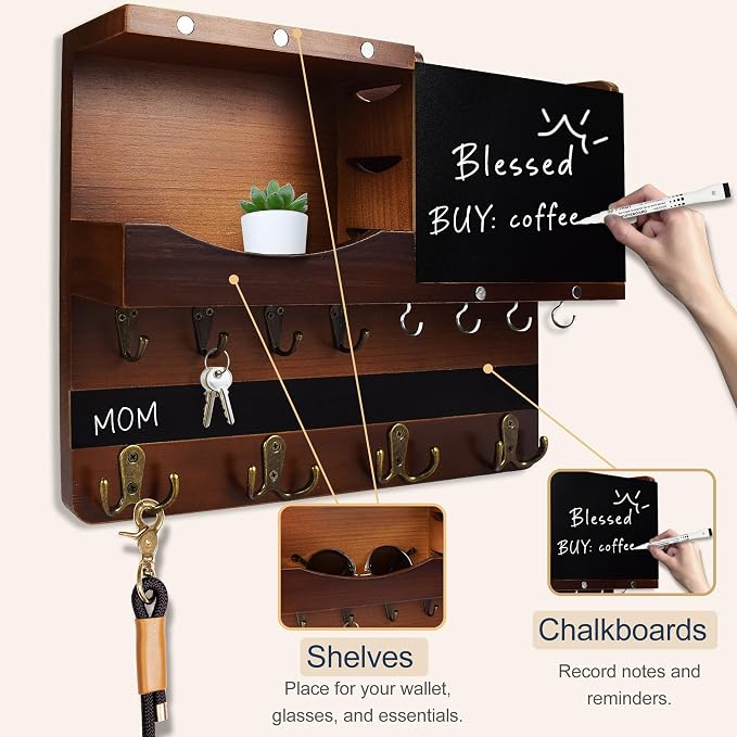 Key Holder for Wall Mount with Shelf and Mail Organizer, Key and Mail Holder with 16 Hooks, Farmhouse Entryway Organizer, Home Decor Rack(Pine Wood, Brown) - Image 6