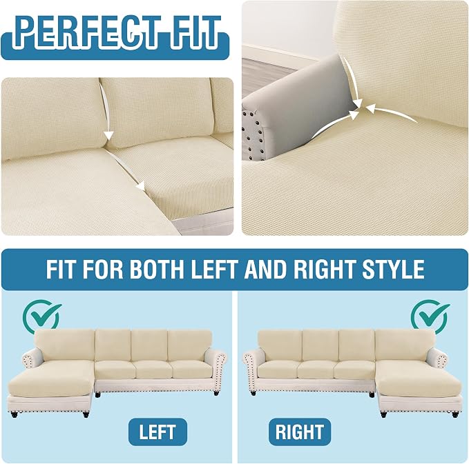H.VERSAILTEX Sectional Couch Covers 8 Pieces Stretch Sofa Covers for Sectional Sofa Set Separate L Shaped Couch Cover for Both Left/Right Couch (Seat and Back: 1 Chaise + 3 Sofa, Natural) - Image 5