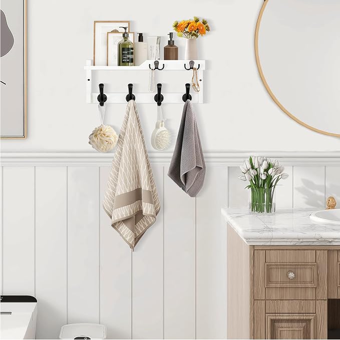 dreampossible Coat Rack Wall Mount with Shelf, Coat Hanger Wall Mount with Key Hooks and Mail Holder, Wood Entryway Floating Shelf with Hooks and Storage, Hat Rack for Wall Key Holder Mail Organizer - Image 3
