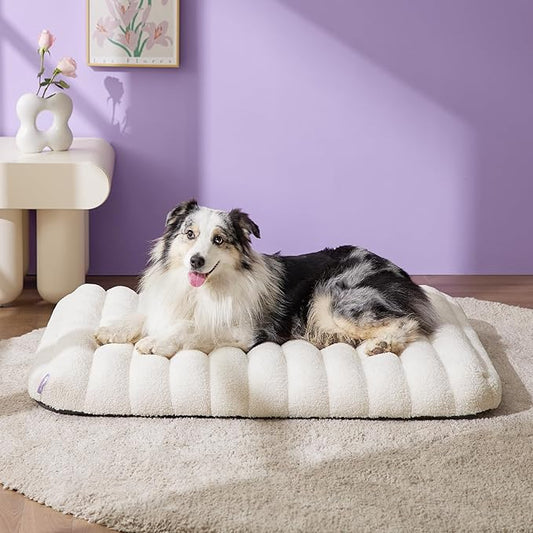 LE SURE Cute Orthopedic Dog Bed Large Sized Dog, Waterproof Chic Flat Pet Beds with Removable Washable Cover, Fuzzy Thick Egg Crate Foam Pet Mat for Indoor Use (36" x 27", Cream) by Lesure