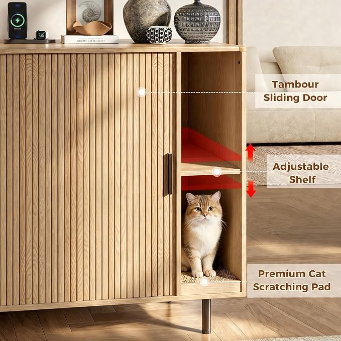 Cat Litter Box Enclosure, 31.8" Kitty Hidden Litter Box Furniture with Scratch Pad, Modern Indoor Cat House, Sliding Door, Adjustable Shelf for Dog Proof, Natural - Image 5