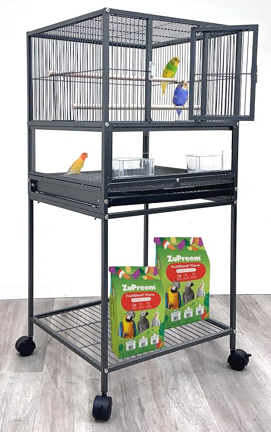 Elegant Sturdy Wrought Iron Bird Parrot Flight Cage Front Door Side Nesting Doors Acrylic Clear Bottom Prevent Food Spillage Storage Shelf Removable Rolling Stand Lockable Wheels by Mcage