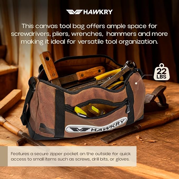 HAWKRY Canvas Tool Pouch – Brown Tool Bag for Tool Storage, DIY, Electrical, Auto or Hobby Use | Rugged Canvas Organizer with Zipper & Reinforced Base – Compact Utility Pouch for Toolbox or Car - Image 6