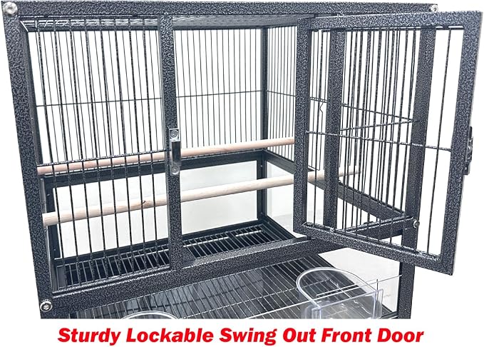 Elegant Sturdy Wrought Iron Bird Parrot Flight Cage Front Door Side Nesting Doors Acrylic Clear Bottom Prevent Food Spillage Storage Shelf Removable Rolling Stand Lockable Wheels - Image 7