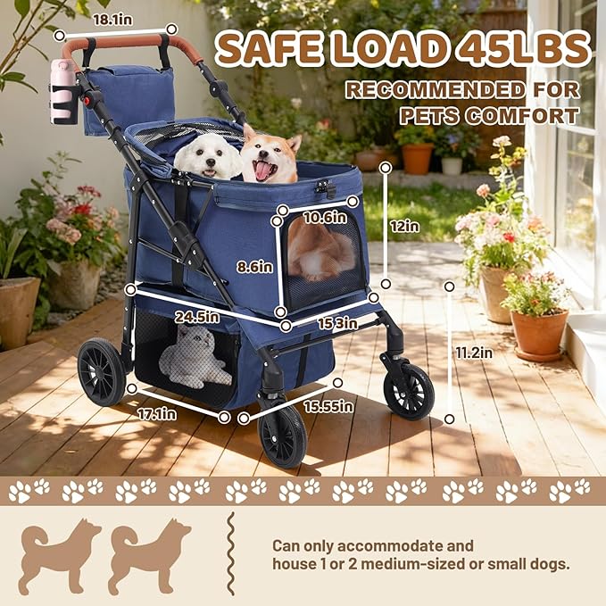 Pet Stroller for 2 Small Dogs, Dog Stroller for Medium Dogs 20 lb with Storage Bag and Cup Holder, Cat Stroller for 2 Cats with Adjustable Handle & Weatherproof Cover, All-Terrain(Blue)