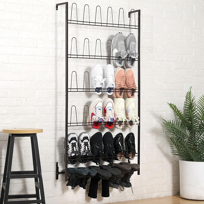 MyGift 5-Tier Wall Mounted Dark Brown Metal 18 Pair Boot and Shoe Storage Rack Organizer Stand - Image 2