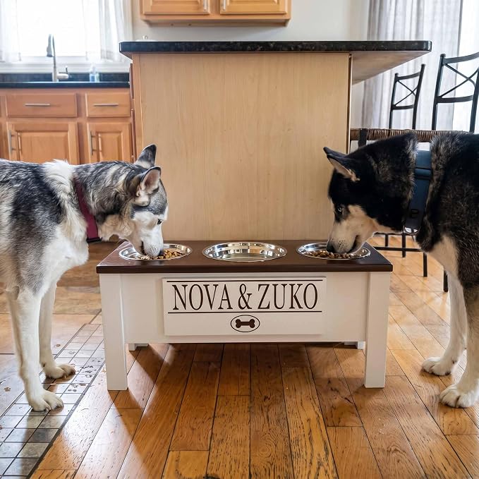 3 Bowl Dog Feeding Station, Personalized Triple Bowl Food Stand Large Dogs | Farmhouse Style, Elevated Wood Stand, Storage Container, Stainless Steel Bowls, Raised Feeder, Large Breed, Made in USA - Image 3