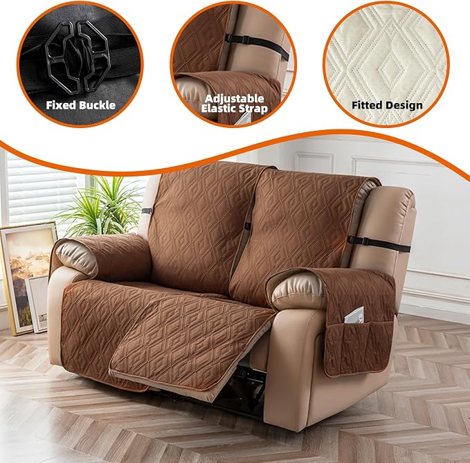 Genina Waterproof Loveseat Recliner Cover Non-Slip, Sofa Cover for Reclining Couch 2 Seat, Washable Couch Cover Loveseat Furniture Protector Cover for Pets Dogs Kids (Brown, Recliner Loveseat) - Image 7