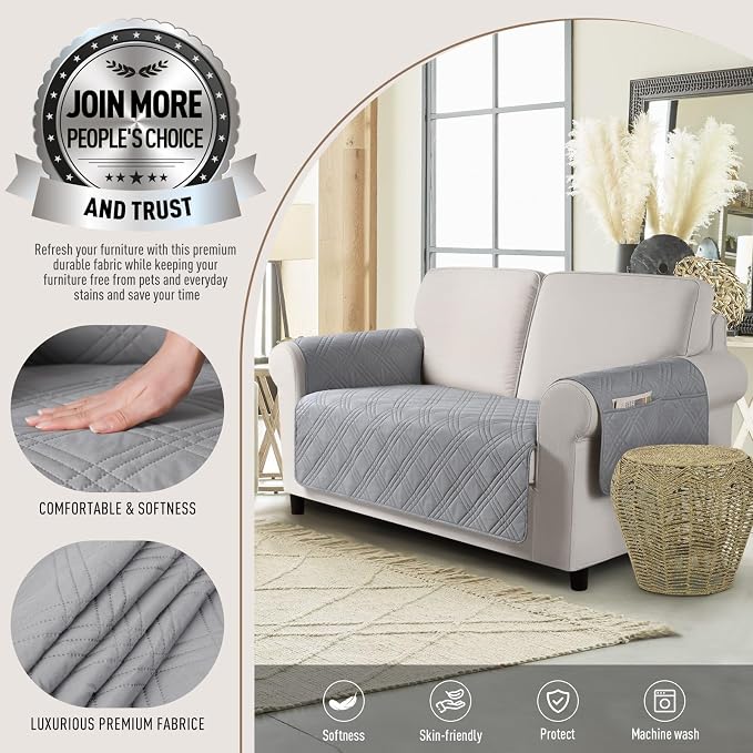 TAOCOCO Waterproof Loveseat Covers for Pets Dogs with Non Slip Backing, Sofa Seat Covers with Side Pocket for 2 Cushion Couch Washable Dog Couch Cover Protector Sofa Slipcovers(Loveseat, Light Gray) - Image 2