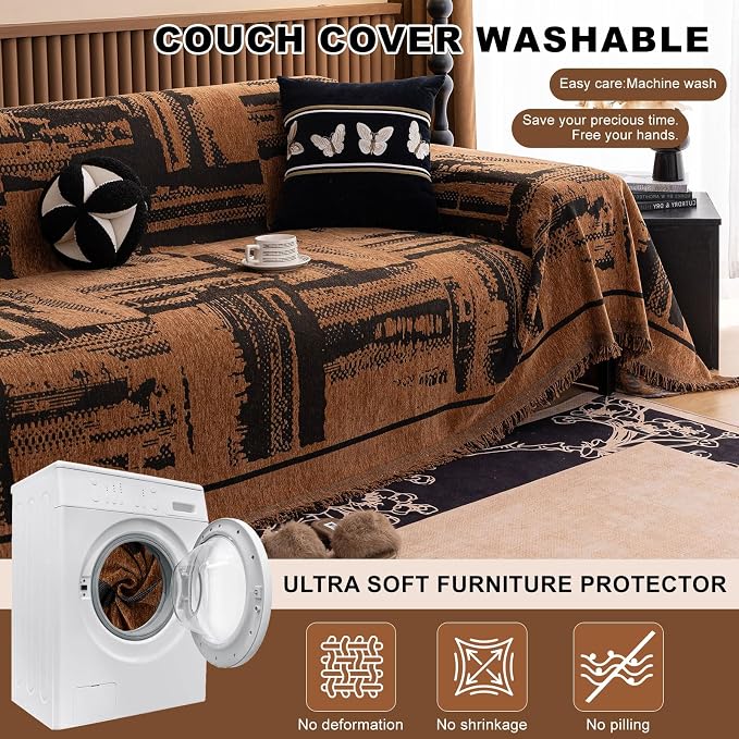 ROOMLIFE Dark Brown Couch Cover 3 Cushion Sofa, Washable Non Slip Furniture Sofa Protector Cover, Soft Chenille Sofa Slipcovers Sectional L Shape Dogs Couch Cover Throw Blanket with Tassels71''X118'' - Image 7