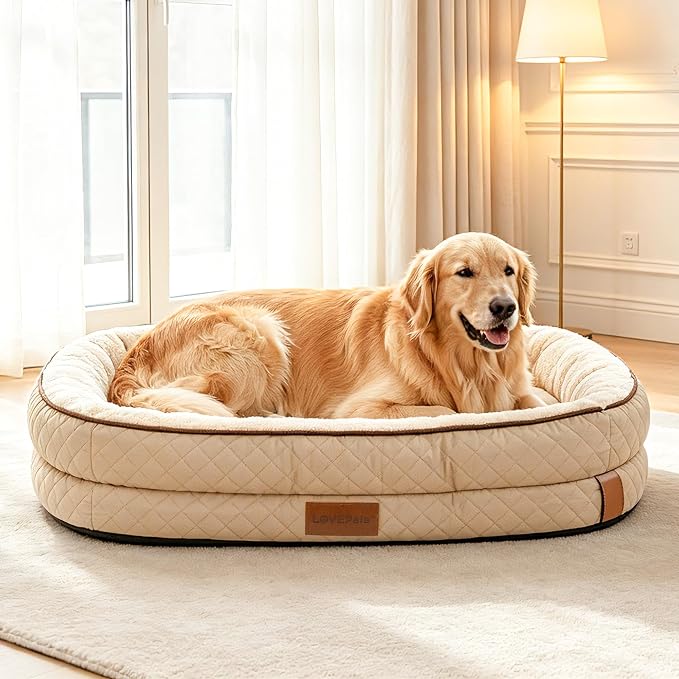 Large Dog Bed with Reusable Potty Pad - 44.1" x 32.3" x 6.3" Beige Bolster Pet Bed with Soft Plush Surface, Raised Sides, and Zippered Cover for Large Dogs by FollowUs