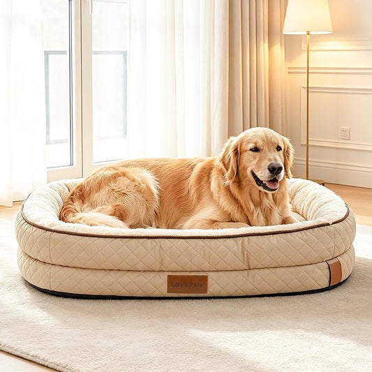 Large Dog Bed with Reusable Potty Pad - 44.1" x 32.3" x 6.3" Beige Bolster Pet Bed with Soft Plush Surface, Raised Sides, and Zippered Cover for Large Dogs by FollowUs