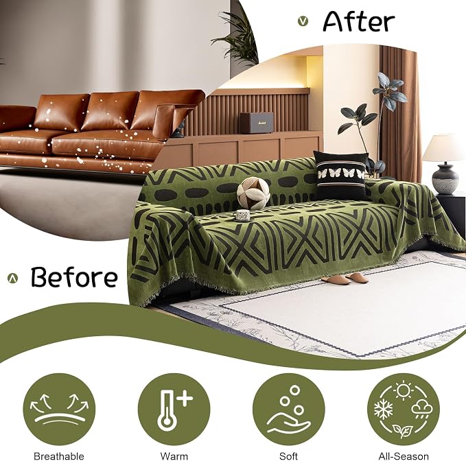 VClife Bohemian Green and Black Couch Cover Western Aztec Sofa Cover for 3 Cushion Couch Sofa Washable Chenille Sofa Slipcover Boho Non Slip Geometric Couch Covers for Sectional Sofa 71''x134'' - Image 4