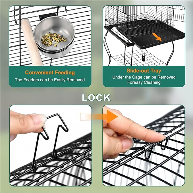 ZENY 63.5 Inch Open-Top Birdcage, Wrought Iron Bird Cage with Slide-Out Tray + Detachable Rolling Stand, Pet Parrot Cage for Parakeets Cockatoo Cockatiels, Play-Top Birdcage - Image 3