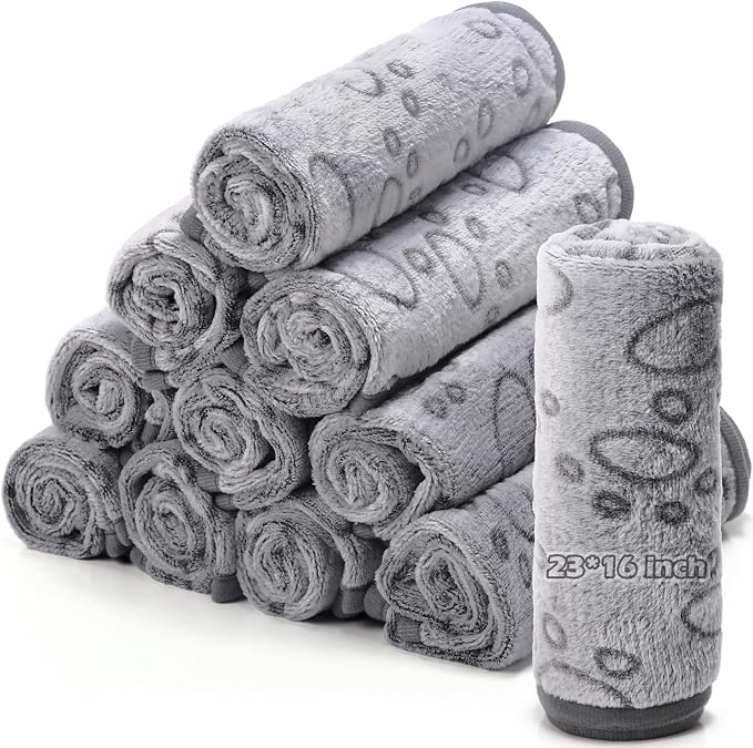 Tegeme 12 Pcs Pet Blankets 23 x 16 Inch Soft Fluffy Fleece Dog Cat Warm Paw Print Pattern Blankets Flannel Throw for Pets Dog Puppy Cat(Gray) by Tegeme