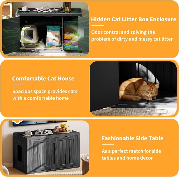 Cat Litter Box Enclosure,Multi-Functional Hidden Litter Box Furniture Cabinet with Adjustable Partition & Side End Table, Indoor Outdoor Cat House with Double Doors,Easy to Clean & Assemble, Black - Image 3