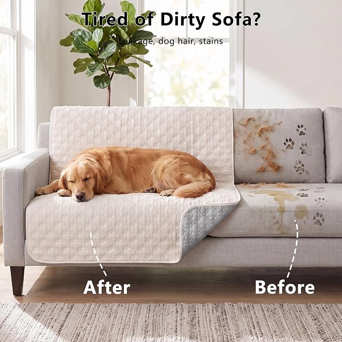 Waterproof Couch Cover - Washable Dog & Pet Furniture Protector | TPU Leak-Proof Liner, Microfiber Fabric, Lightweight & Reversible, Fits Sofa and Bed, 52" x 82" , Lightgrey/Cream - Image 3