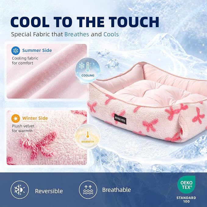 Mora Pets Reversible Pet Beds for Small Dogs Large Cat Bed Washable - Cool & Warm 2-in-1 Anti Anxiety Dog Bed for Summer, Rectangle Puppy Bed with Cute Pink Bow (25''x21''x7'') - Image 3